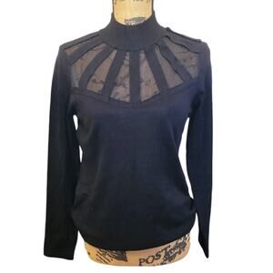 Medium Carmen Marc Valvo Black Sweater, Striped Mesh High Collar Mock Turtleneck